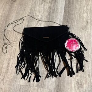 Y2K retro Say What Black Suede Fringe Crossbody Bag Silver Chain Evening
